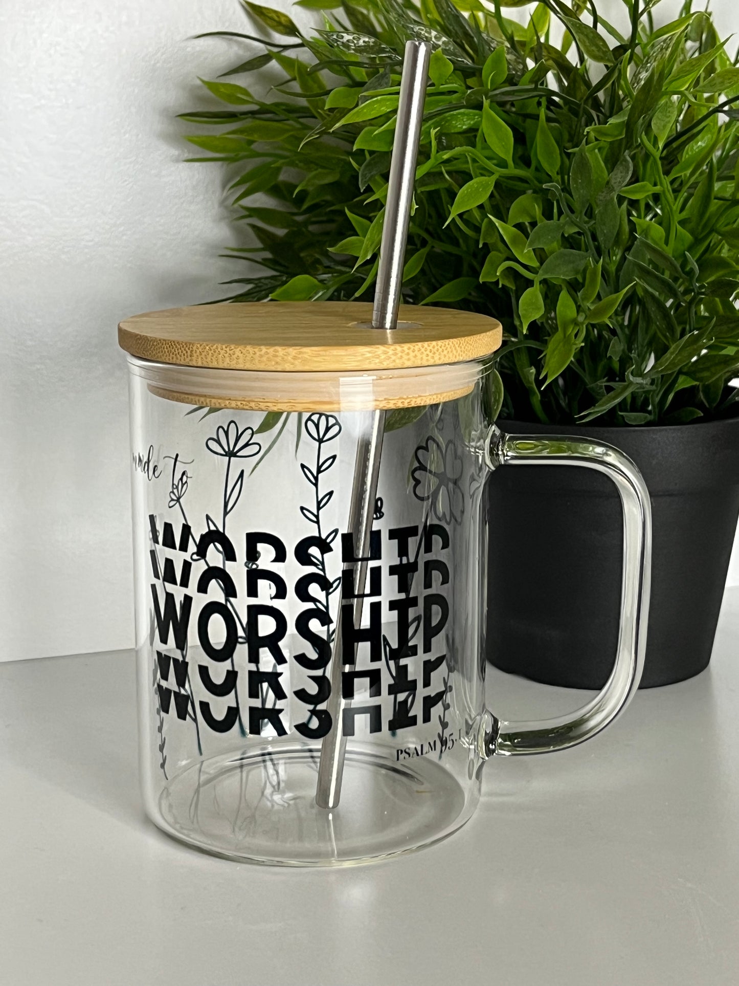Made to Worship Glass Mug with Straw