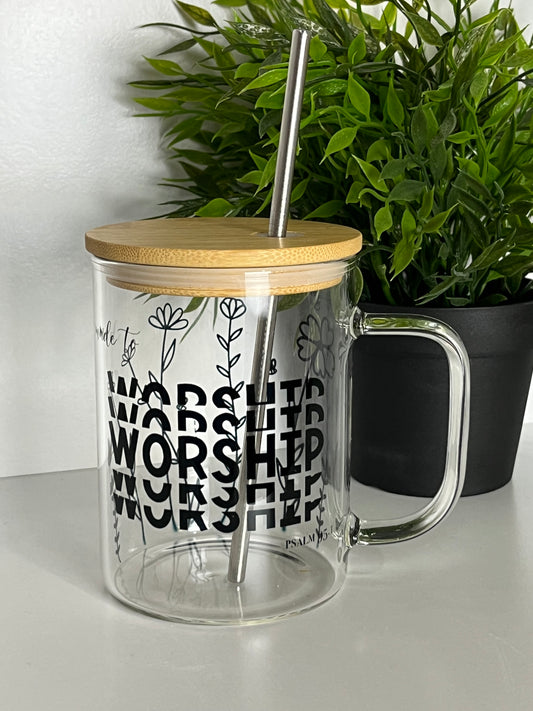 Made to Worship Glass Mug with Straw